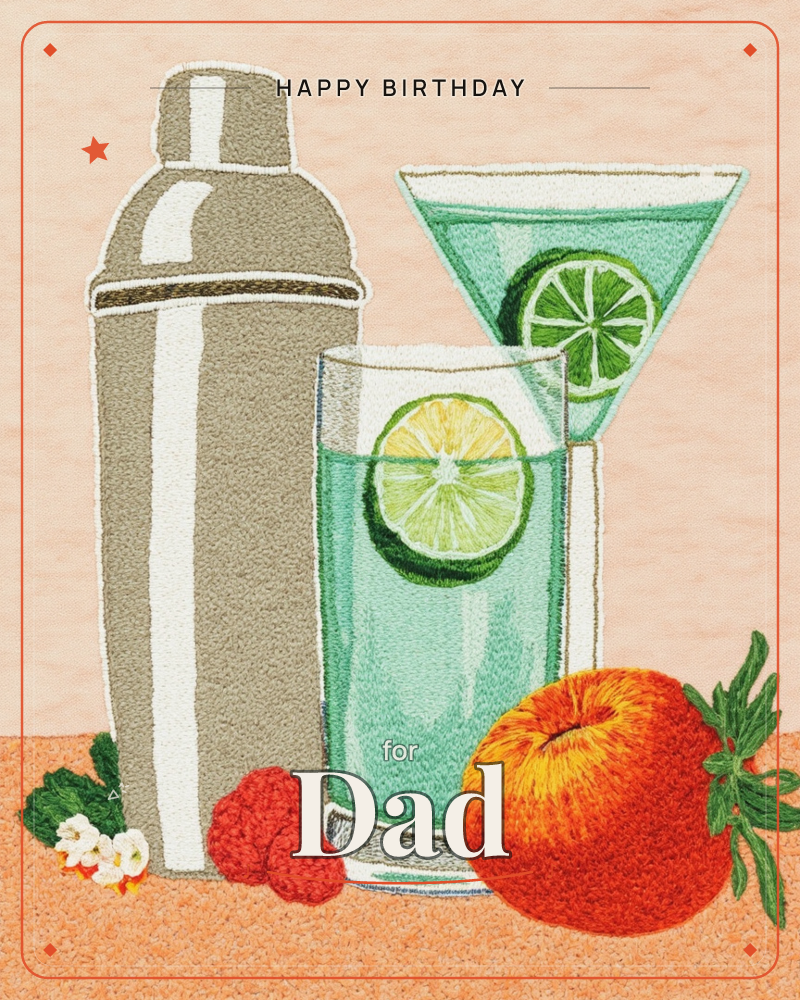 A cocktail shaker stands between a tall glass and a martini glass, both filled with pale green drinks and garnished with lime slices, set against a…, a birthday e-card design