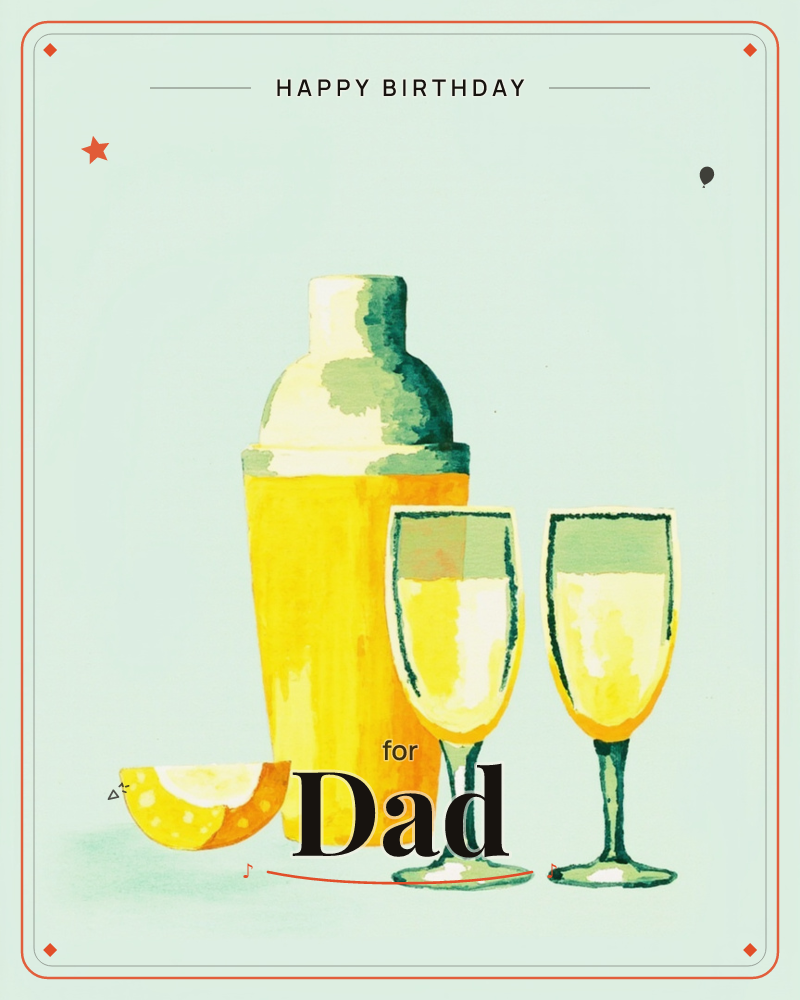 A golden cocktail shaker stands beside two filled champagne-style glasses, with a wedge of citrus resting at its base, all painted in loose watercolour…, a birthday e-card design
