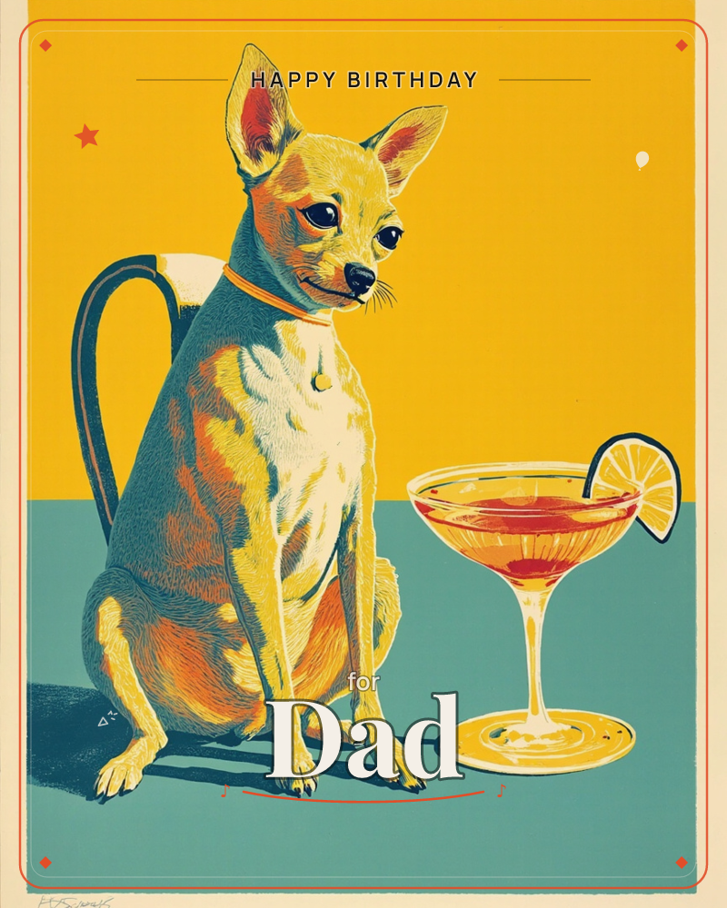 A sleek chihuahua sits primly beside a coupe glass of orange-red cocktail garnished with a lime wheel, its tail curved into a jug-like handle shape…, a birthday e-card design