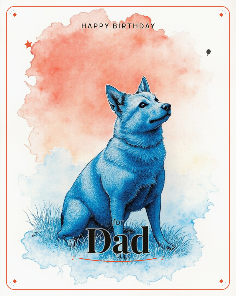 A dog rendered entirely in shades of blue sits upright in a patch of wispy grass, gazing off to one side with alert ears, a birthday e-card design