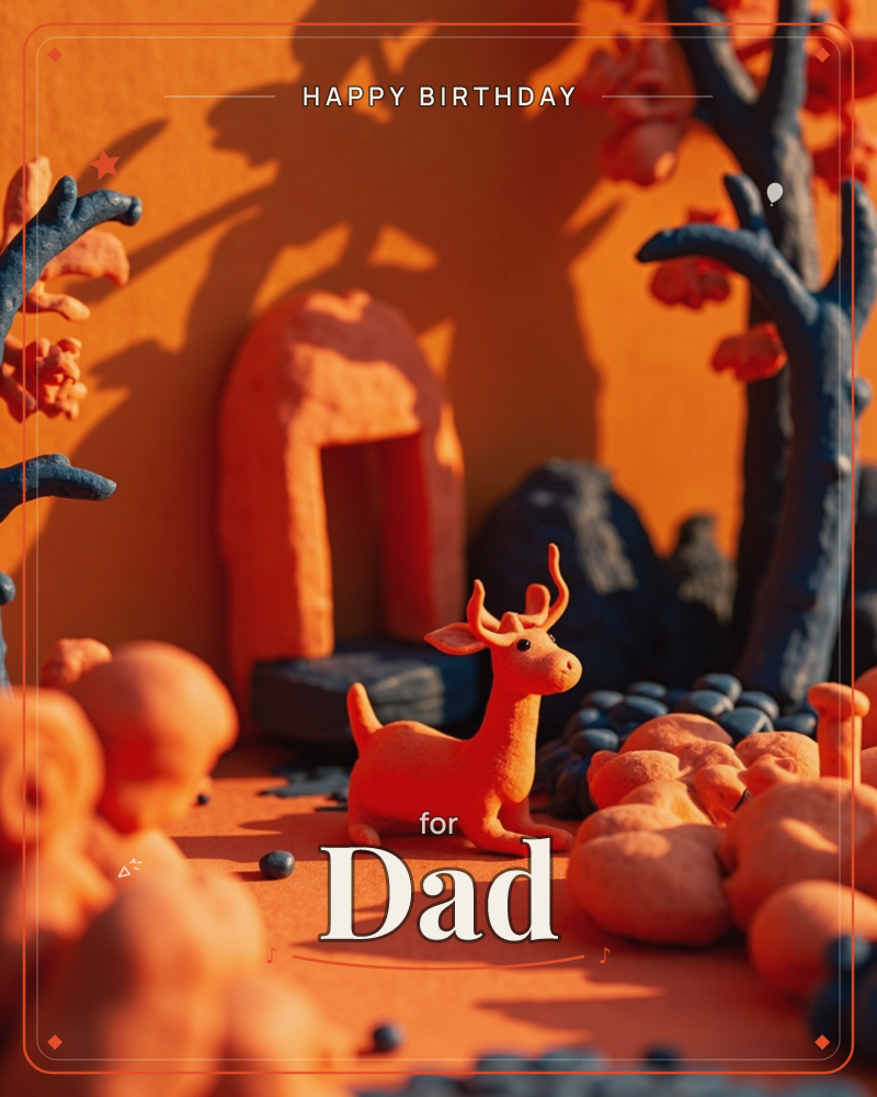 A sculpted clay diorama glows entirely in burnt orange, with a small antlered deer standing before a tiny arched doorway carved into a rounded hill, a birthday e-card design
