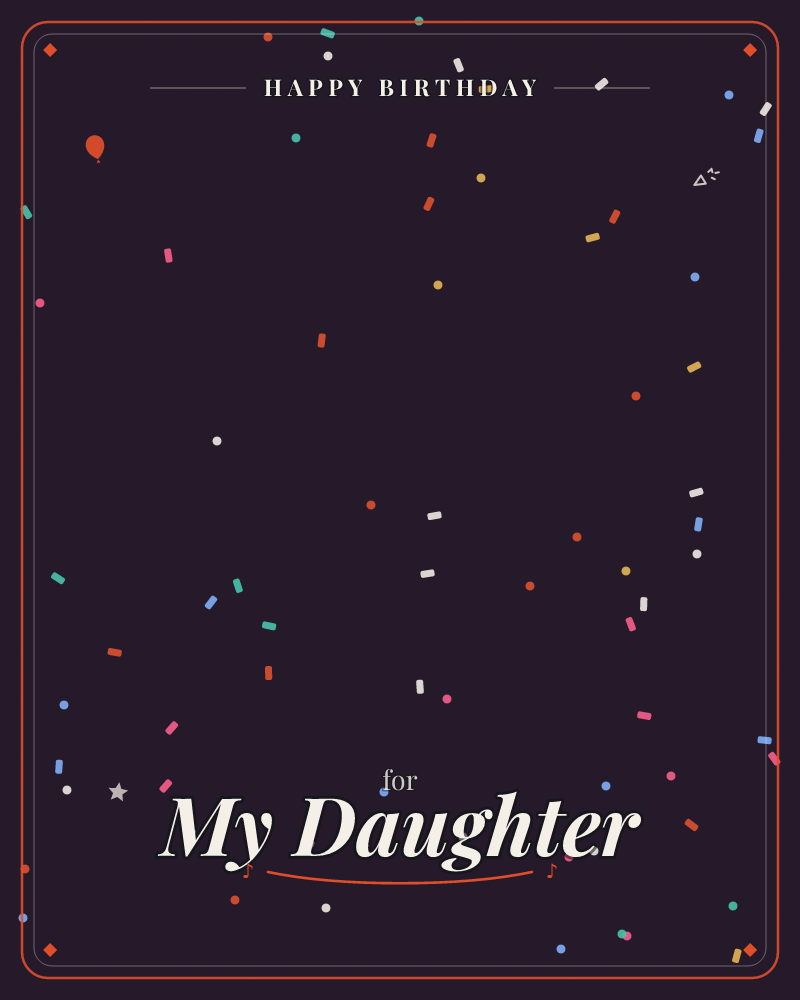 A deep purple-black background is scattered with tiny confetti pieces in bright colours, dots, dashes and little rectangles of pink, teal, gold, blue…, a birthday e-card design by @DittyCityTeam