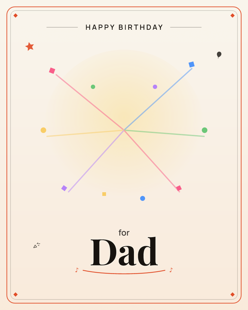 A soft, glowing cream background hosts a minimal geometric design: three thin lines in pink, blue, and pale green crisscross like beams of light…, a birthday e-card design by @DittyCityTeam