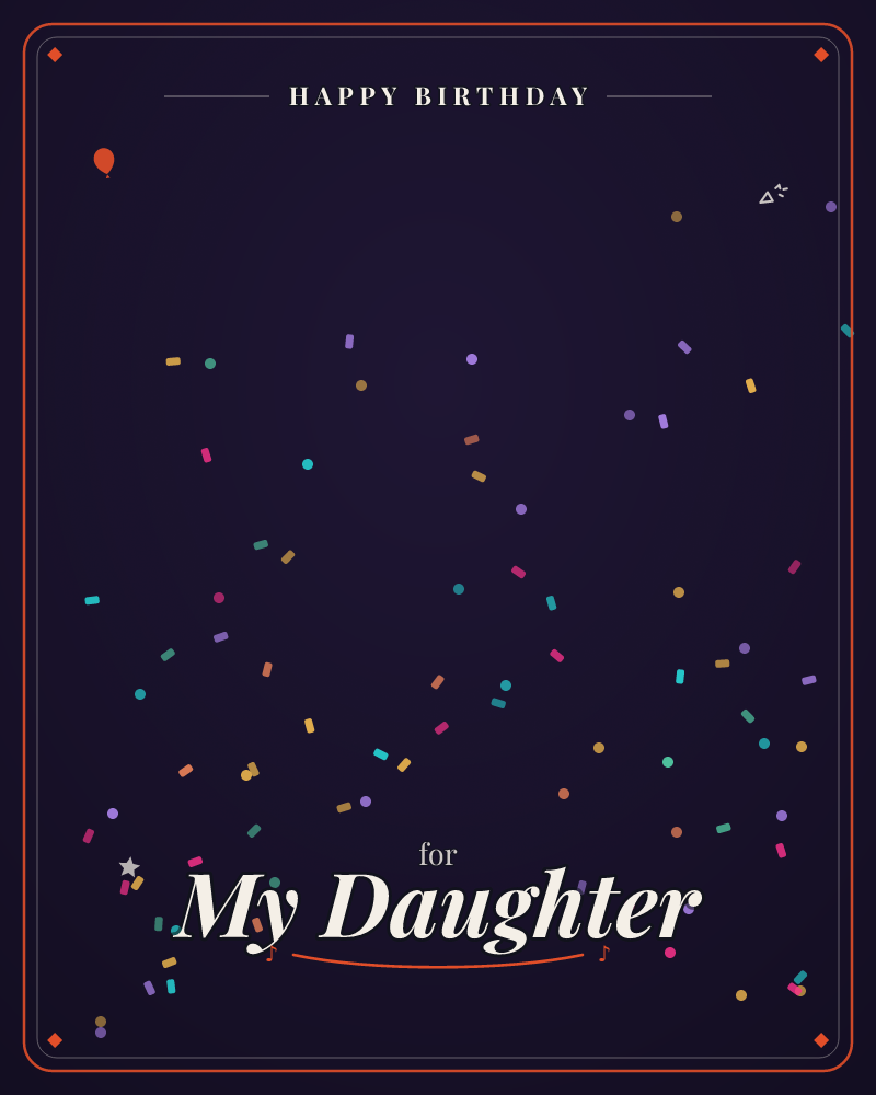 A deep midnight-purple background is scattered with tiny confetti dots and dashes in coral, teal, gold, and lilac, drifting loosely from the upper…, a birthday e-card design by @DittyCityTeam