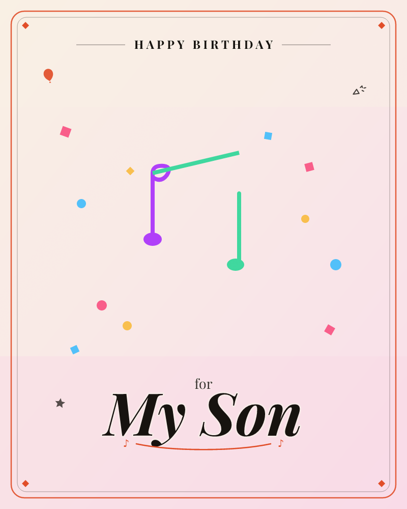 A pale blush background sets off two simple musical notes, one purple and one teal-green, connected by a beamed line as if caught mid-tune, a birthday e-card design by @DittyCityTeam