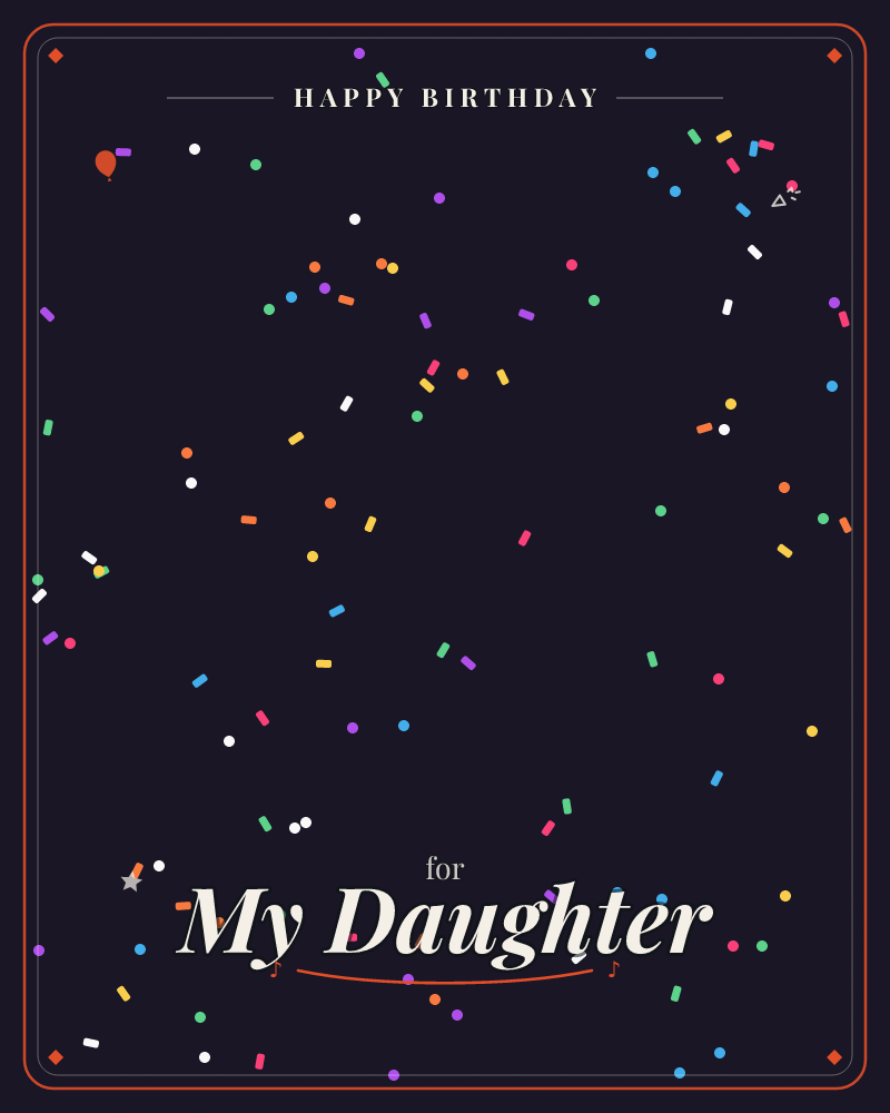 A deep midnight-purple background is scattered with a shower of tiny confetti pieces in dots, dashes, and slivers of colour, drifting from top to…, a birthday e-card design by @DittyCityTeam