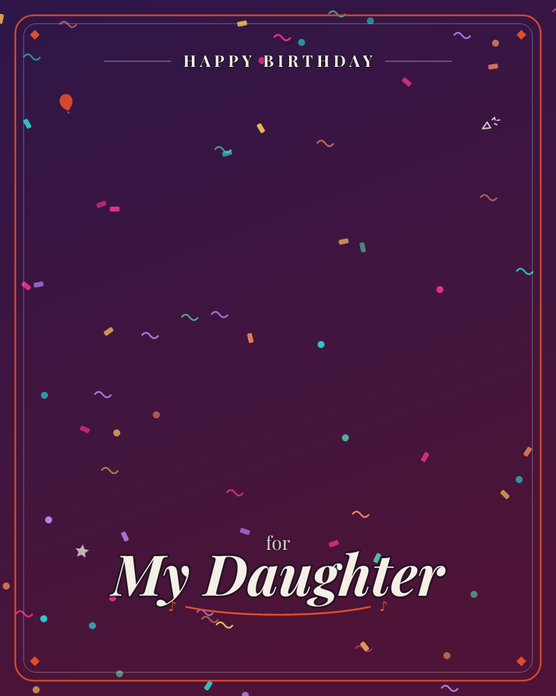 A deep purple-to-black gradient background is scattered with tiny confetti shapes, small squiggles, dots, and dashes in teal, pink, gold, and orange, a birthday e-card design by @DittyCityTeam