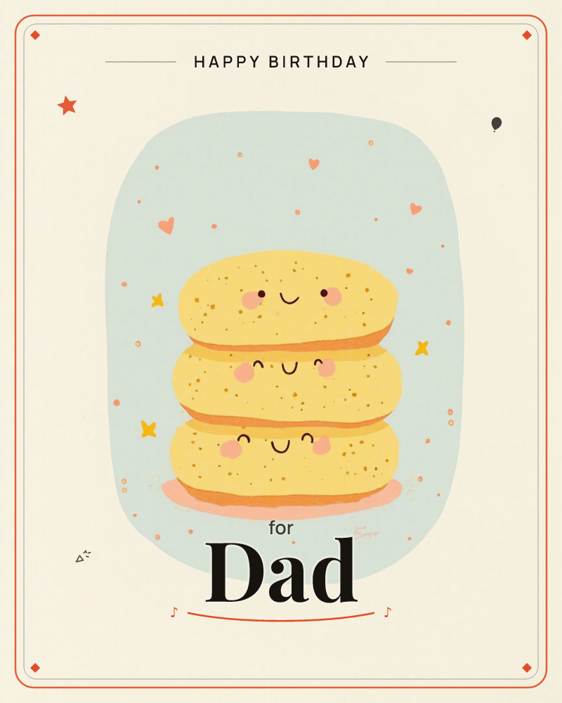 A stack of three fluffy pancakes sits on a pale pink plate, each layer given its own smiling face with rosy cheeks, a birthday e-card design