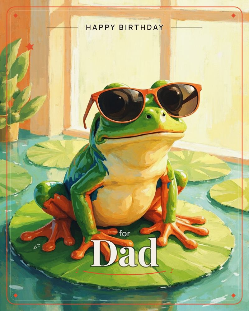 A cool green frog with orange webbed feet lounges on a lily pad in sunlit water, sporting bright orange sunglasses and a smug little grin, a birthday e-card design