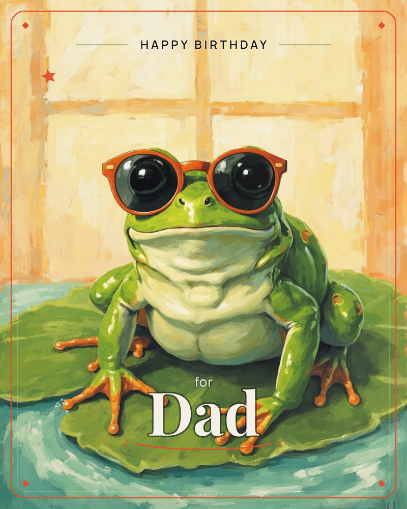 A plump green frog with a pale creamy belly sits squarely on a large lily pad, wearing round orange-framed sunglasses that give it a cool, deadpan…, a birthday e-card design