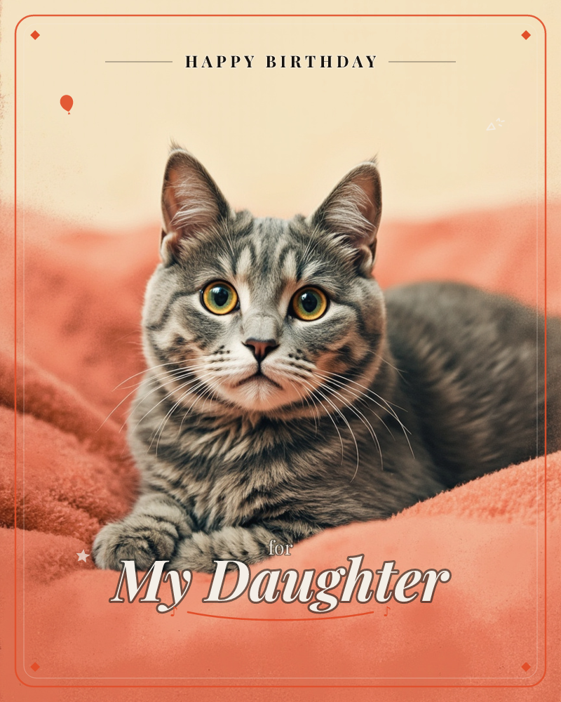 A grey tabby cat with striking amber eyes lies curled on a soft coral-pink blanket, ears alert and whiskers catching the light, a birthday e-card design