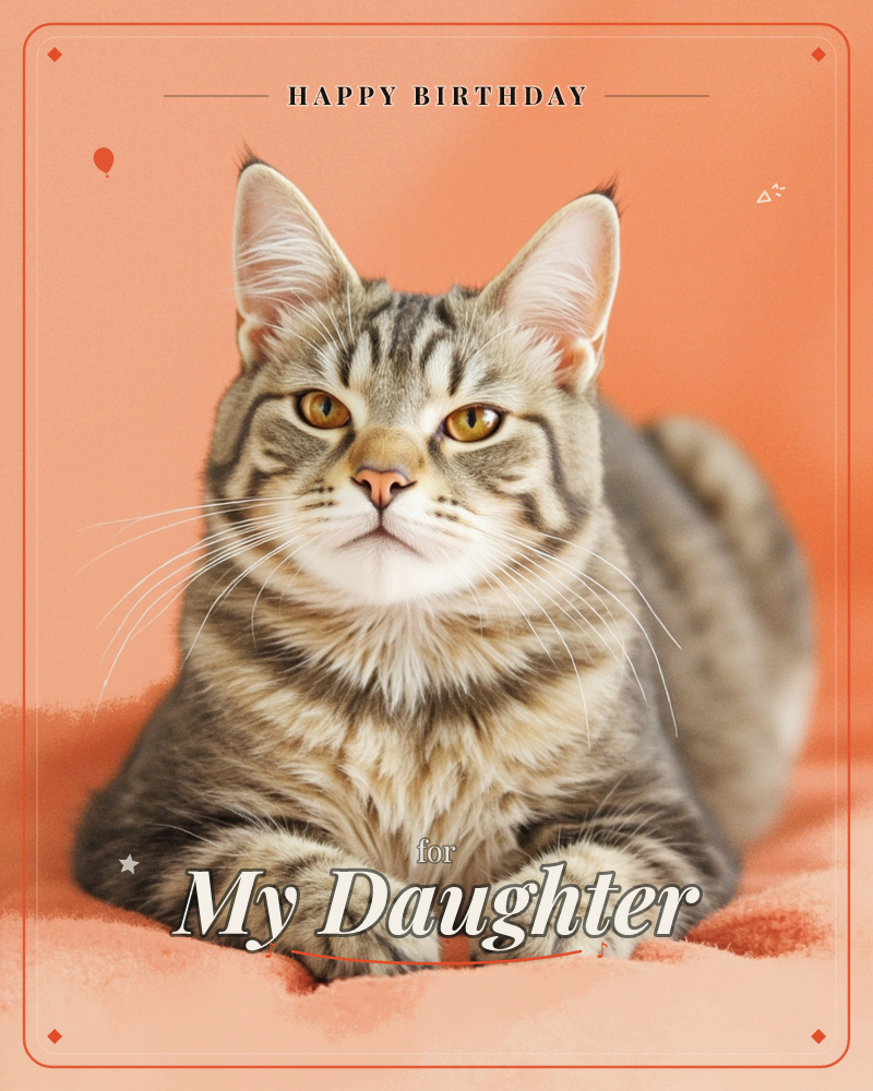 A grey tabby cat lies loafed on a soft coral-orange blanket, paws tucked neatly beneath its chest, gazing straight ahead with wide amber eyes, a birthday e-card design