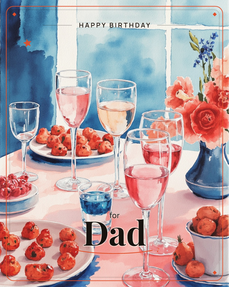 A pink-clothed table is set for a celebration, with wine glasses holding rosé and white wine standing among plates of small red appetizers and a bowl…, a birthday e-card design