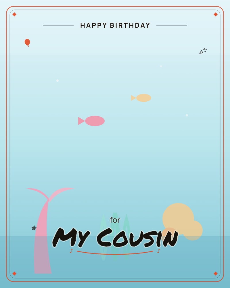 A minimalist underwater scene shows two simple fish shapes, pink and gold, gliding through a pale misty light above a muted sea floor, a birthday e-card design by @DittyCityTeam