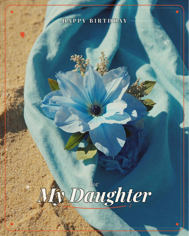 A single blue poppy with delicate veined petals rests atop a rumpled turquoise cloth spread over golden sand, sprigs of tiny white baby's breath and…, a birthday e-card design