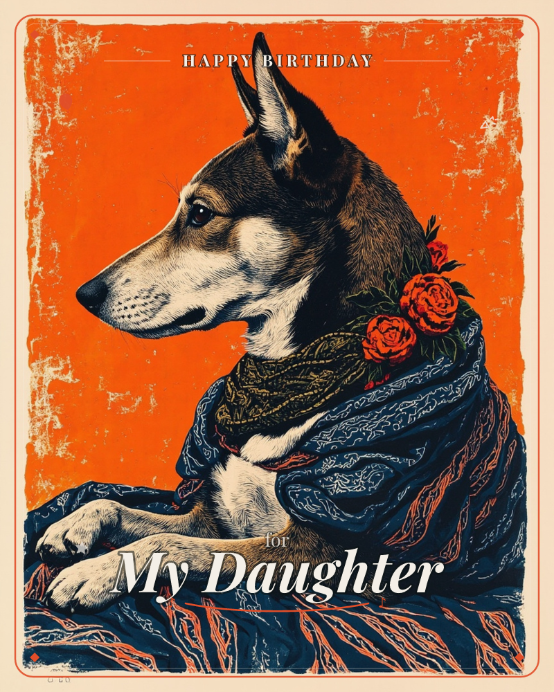A dog rests in profile against a bold burnt-orange background, wrapped in a richly patterned navy shawl embroidered with fine coral linework, a birthday e-card design