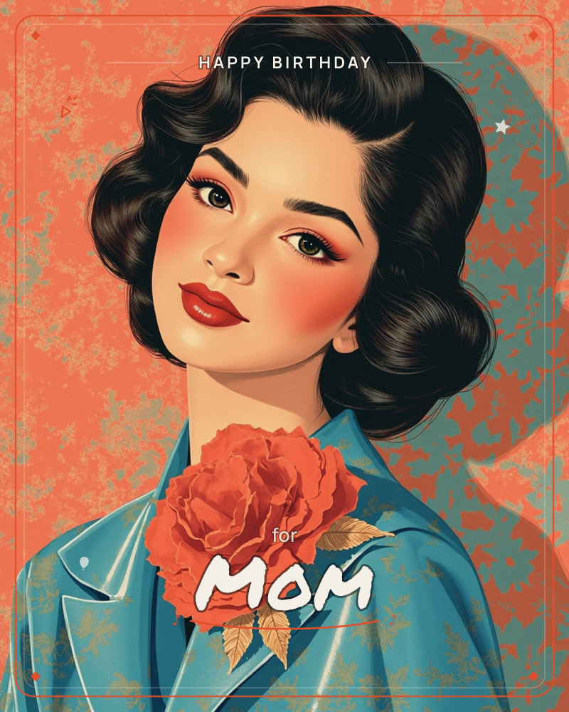 A vintage-style portrait shows a woman with dark waved hair and a soft, knowing smile, glancing back over her shoulder, a birthday e-card design