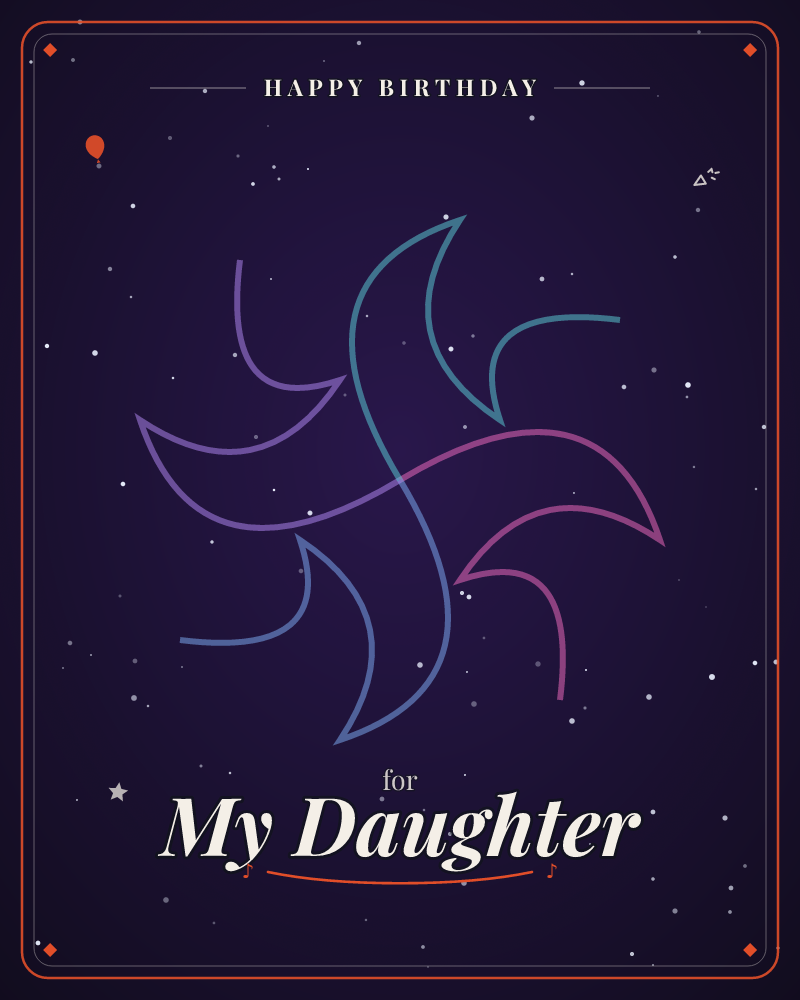 A pinwheel of four curved ribbon shapes spins at the centre of a deep purple night sky, each blade traced in a different glowing colour, violet, teal…, a birthday e-card design by @DittyCityTeam