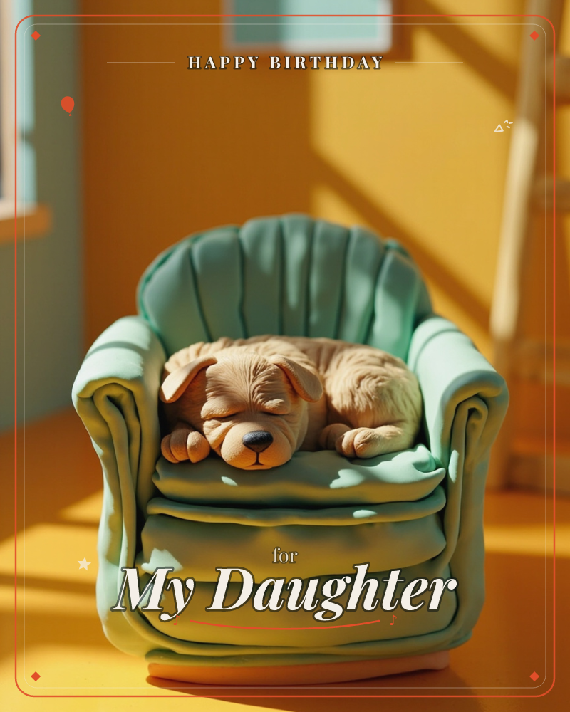 A claymation-style puppy curls up fast asleep in an oversized mint-green armchair, sunlight streaming across a warm mustard-yellow room, a birthday e-card design