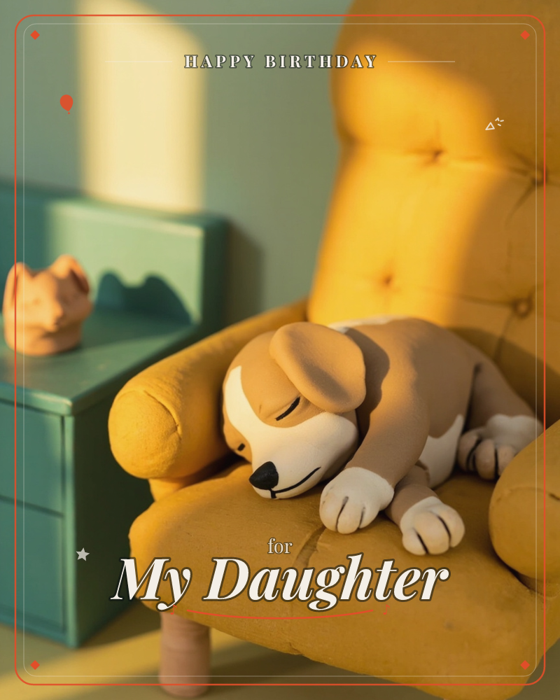 A stylised toy-like dog naps curled up on a tufted mustard-yellow armchair, warm late sunlight slanting across the fabric, a birthday e-card design