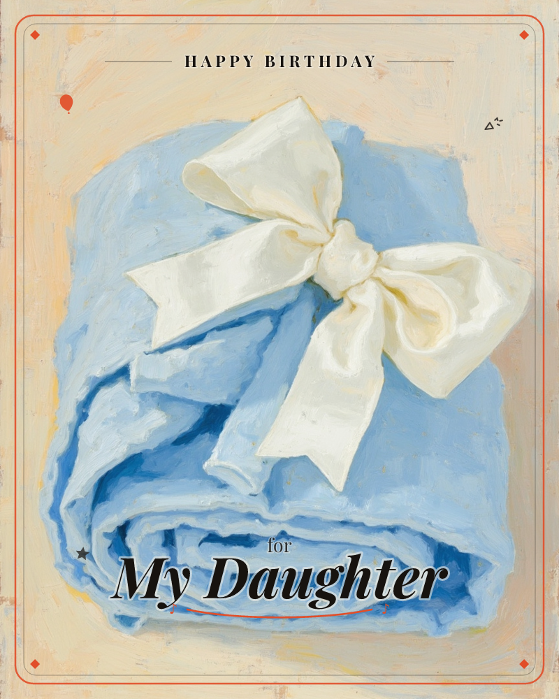 A softly folded blue cloth sits against a pale cream background, tied with a large ivory satin bow at its center, a birthday e-card design