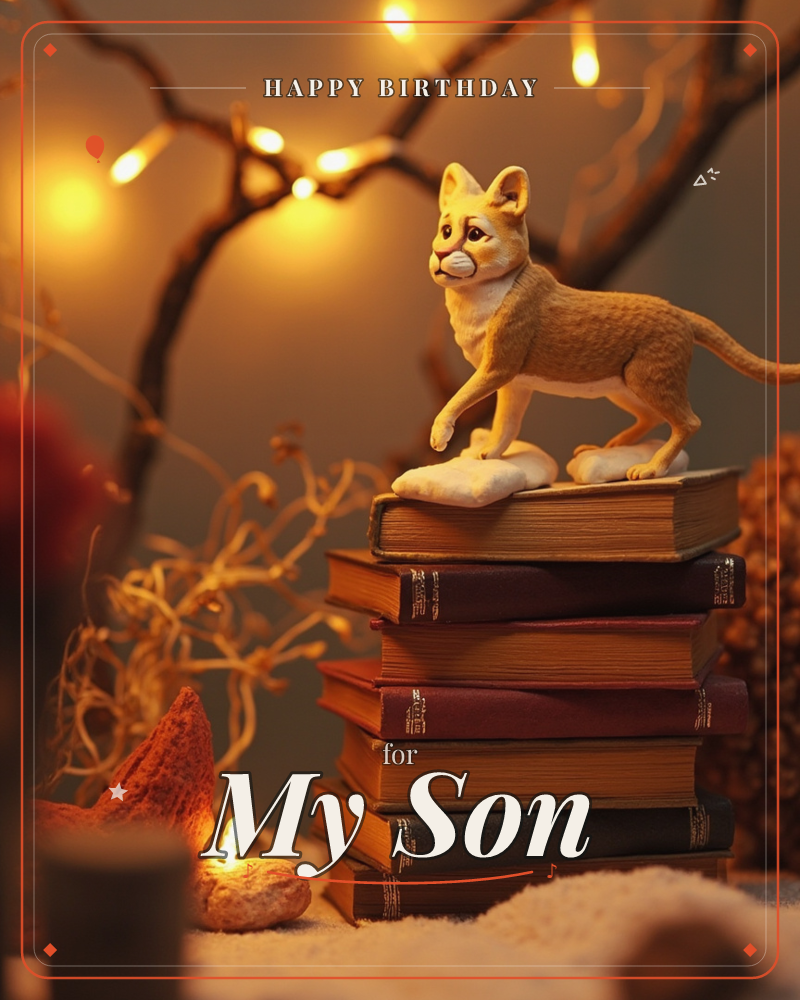 A small ceramic lion figurine perches atop a stack of old leather-bound books, lit by warm fairy lights strung through bare branches behind it, a birthday e-card design