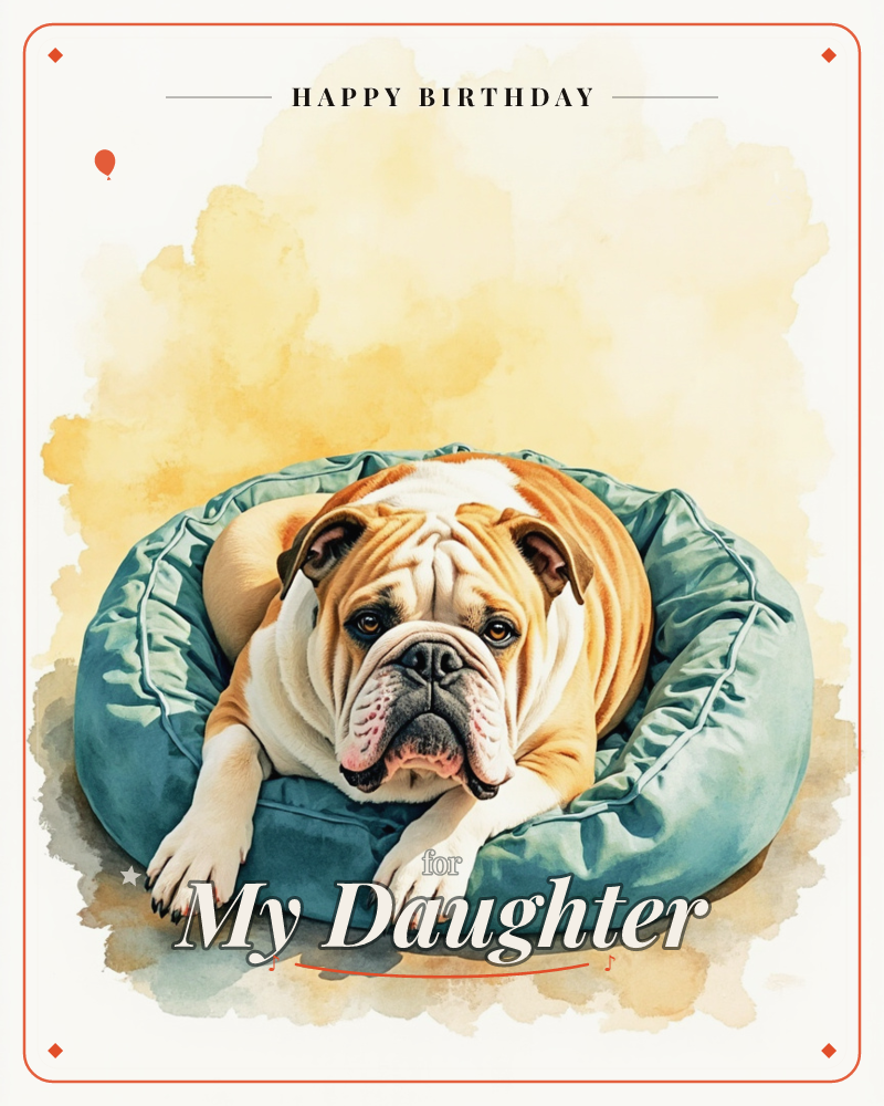 A wrinkly bulldog with a tan and white coat lies sunk into a plush teal pillow bed, chin resting on its paws, a birthday e-card design