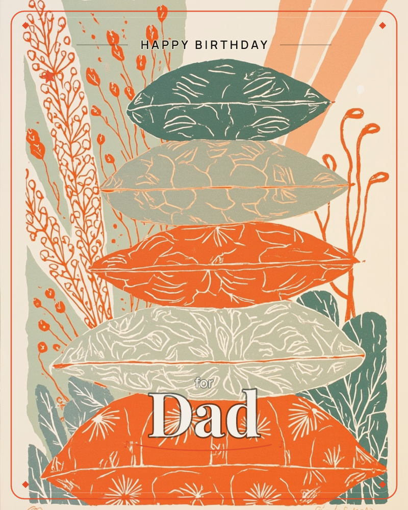 A stack of five oversized leaf-shaped pods, each patterned with a different carved texture, rises through a border of stylised coral-like branches and…, a birthday e-card design