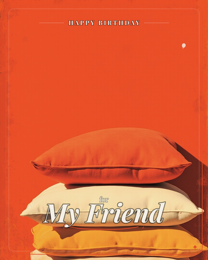 A stack of plump pillows sits against a bold, flat orange backdrop: a burnt-orange cushion on top, then cream, then mustard yellow beneath, each…, a birthday e-card design