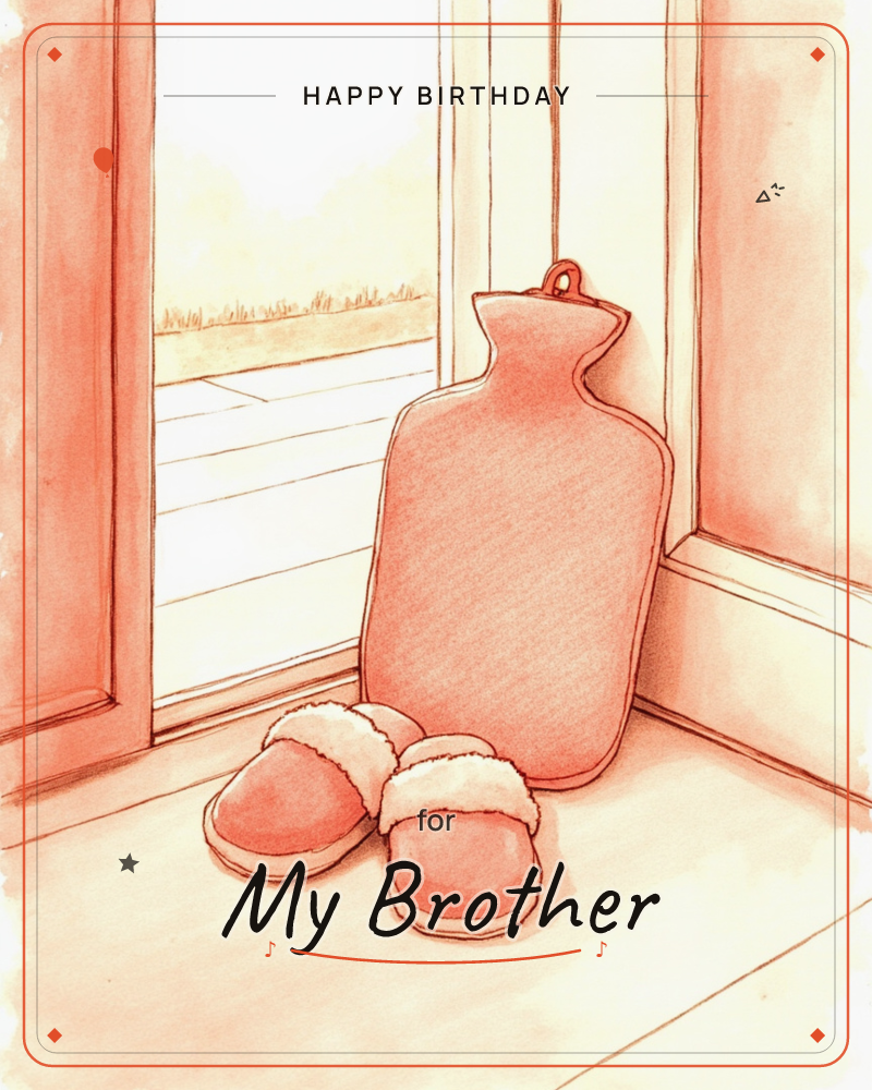 A hot water bottle leans against a window frame beside a pair of fleece-lined slippers, all rendered in warm coral and peach tones, a birthday e-card design