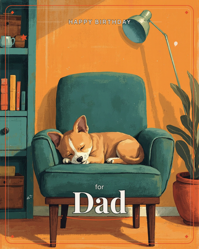 A tan and white corgi curls up asleep on a teal armchair, bathed in warm orange light from a tall lamp arching overhead, a birthday e-card design