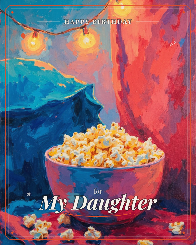 A painterly still life shows a bowl of buttery popcorn glowing under a string of warm fairy lights, with a teal cushion slumped beside it and a…, a birthday e-card design