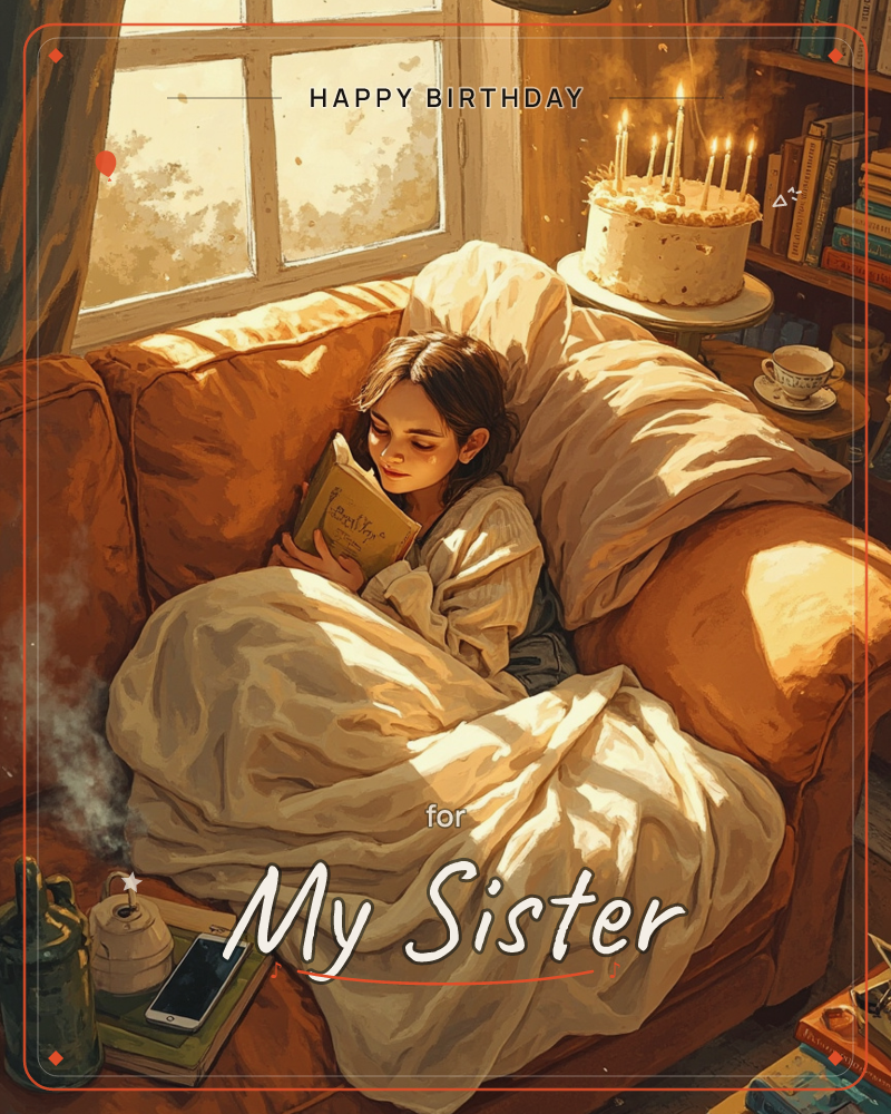 A woman sits curled on an orange couch, wrapped in a rumpled cream blanket, reading an open book held close to her face, a birthday e-card design