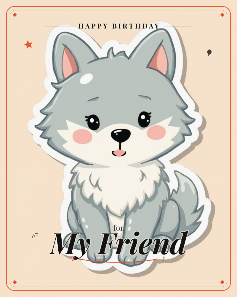A sticker-style illustration of a fluffy grey wolf pup sitting upright with a white sticker border, set against a soft peach background, a birthday e-card design