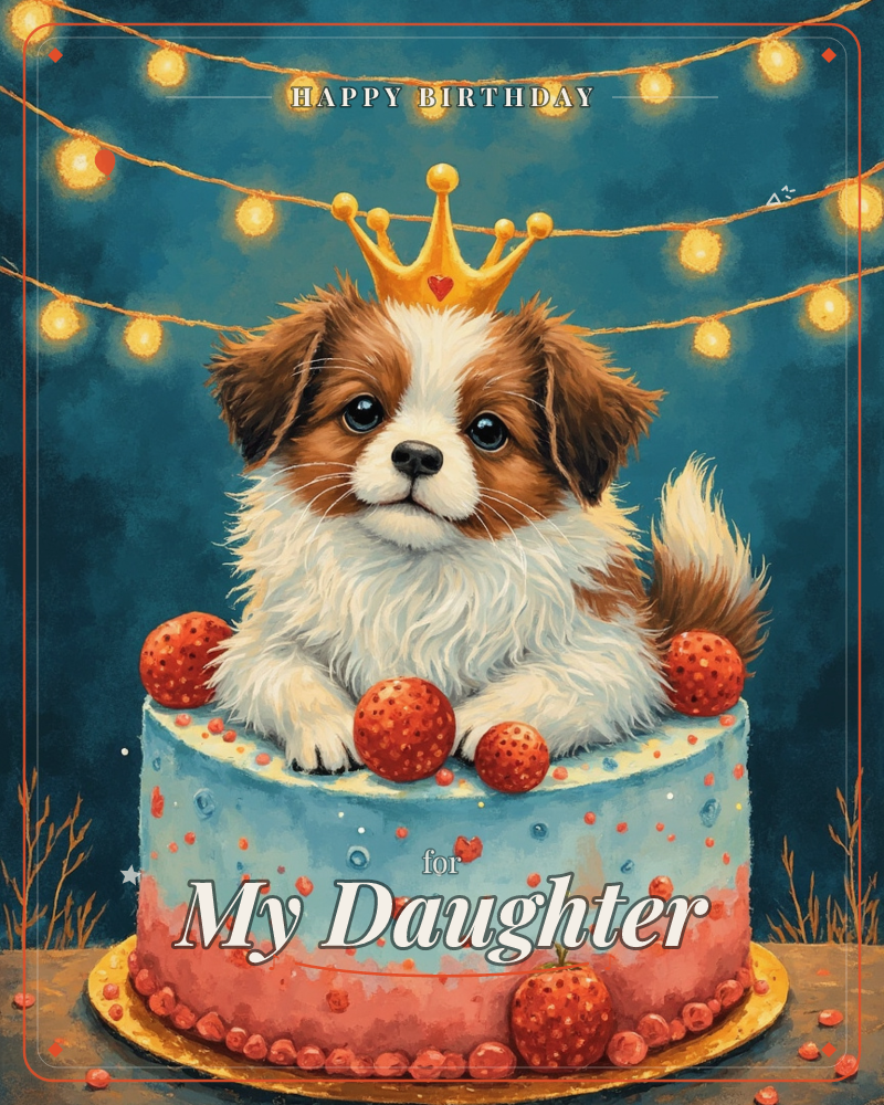 A fluffy brown and white puppy wearing a tiny gold crown perches atop a pastel blue and pink birthday cake studded with strawberries and sprinkles, a birthday e-card design