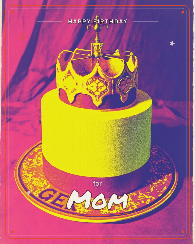 A single-tier cake glows acid yellow beneath a jewelled crown topped with a tiny finial, sitting on a speckled gold-and-plum plate with lettering along…, a birthday e-card design