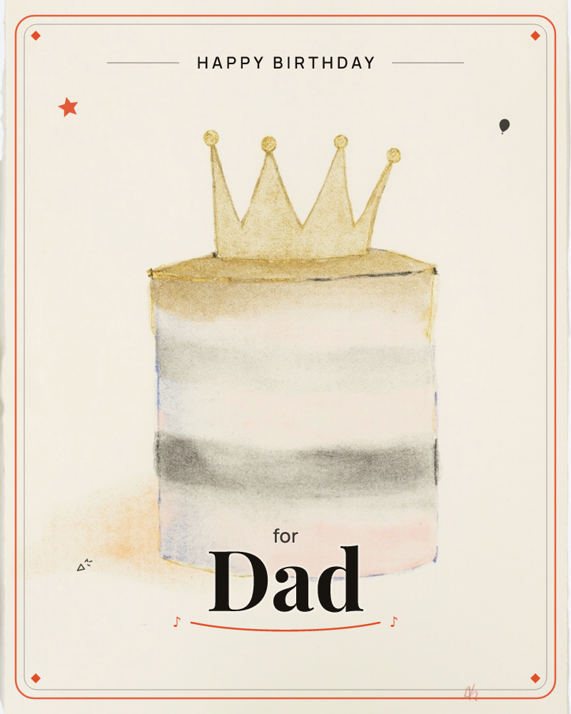 A tall round cake is painted in soft washes of blush pink, grey, and pale gold, its sides banded like watercolour clouds, a birthday e-card design