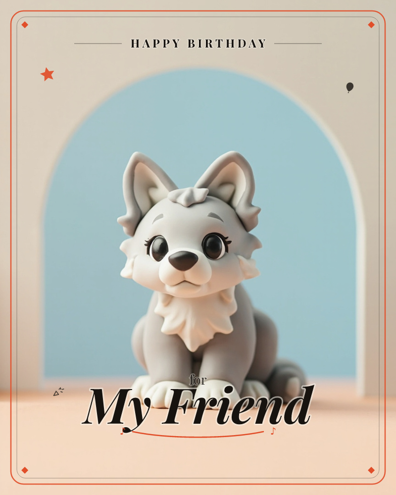 A stylised 3D wolf pup, all soft grey and cream, sits with paws neatly together against a pastel arched backdrop of sky blue and blush pink, a birthday e-card design