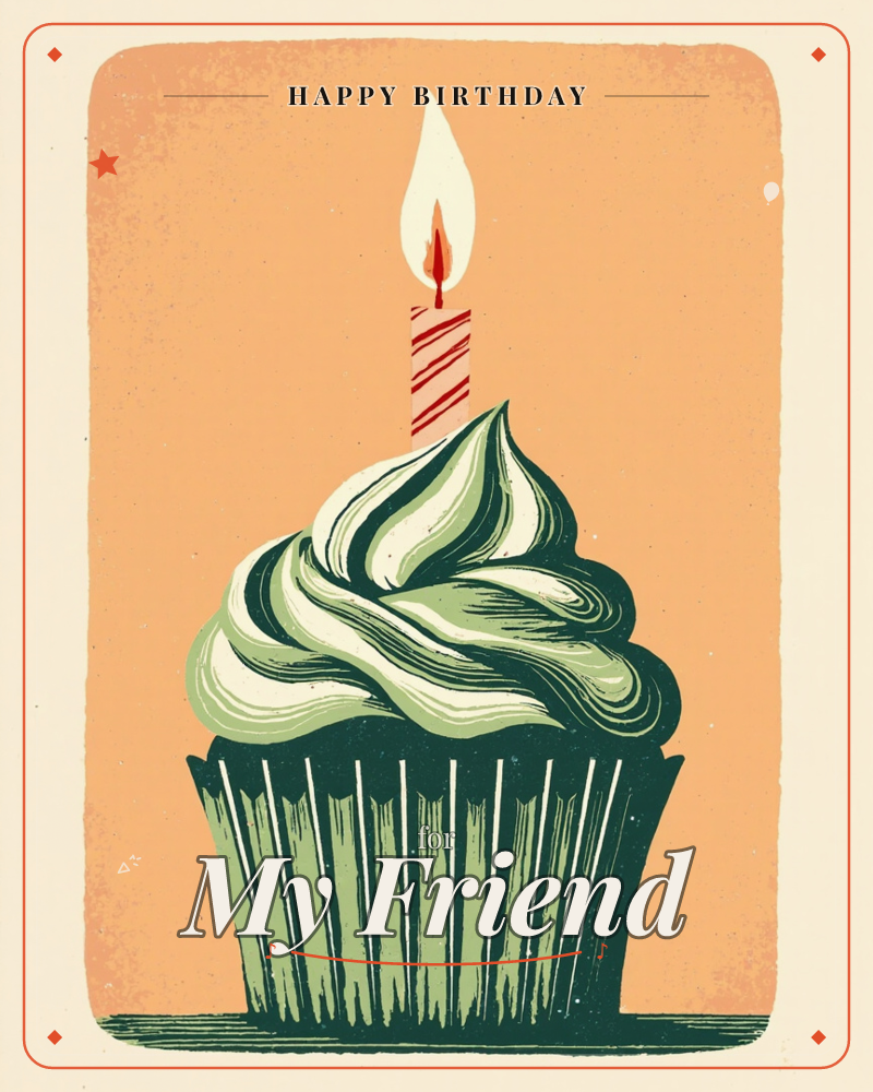 A single cupcake fills the frame against a warm peach background, its swirled frosting rendered in bold, woodcut-style strokes of sage and cream, a birthday e-card design