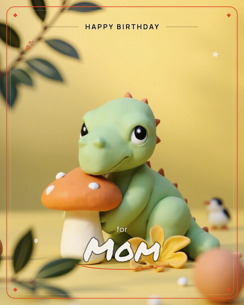A pudgy green clay dinosaur with big glossy eyes leans against a red-and-white spotted mushroom, one paw resting on its cap, a birthday e-card design