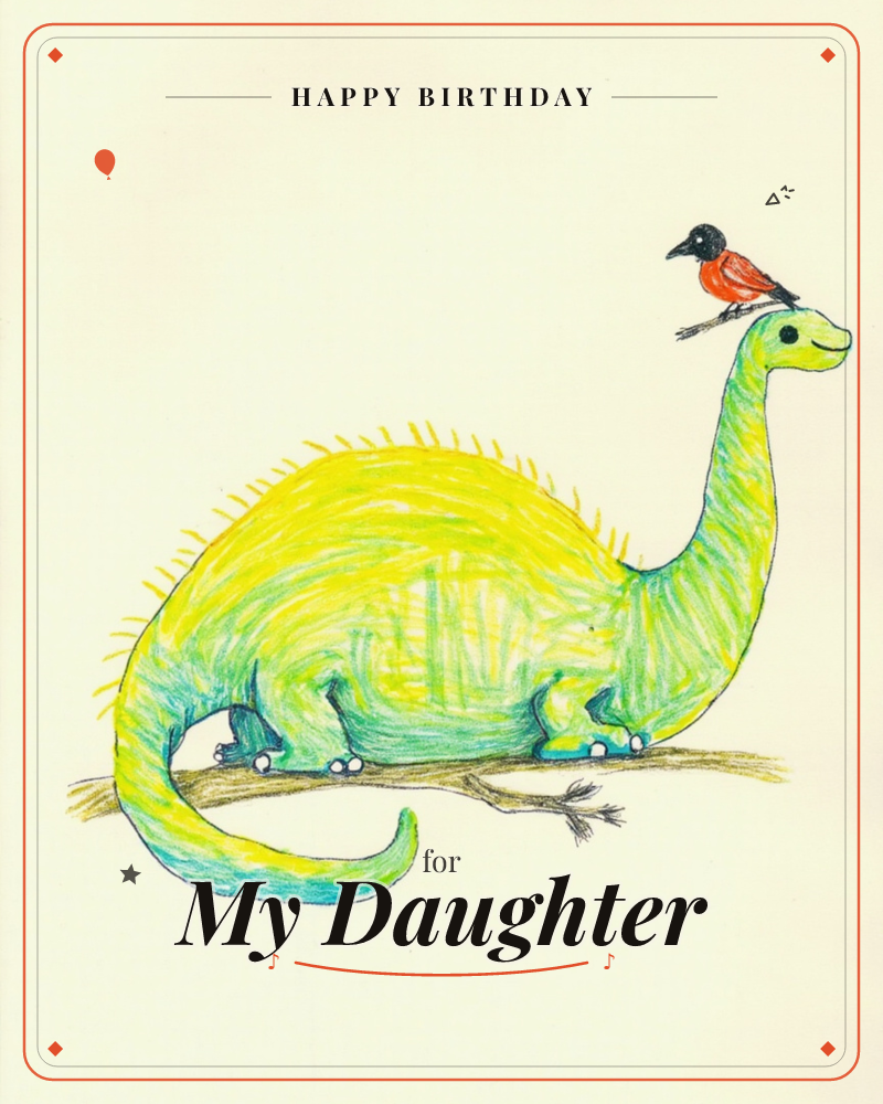 A cheerful green and yellow long-necked dinosaur stands balanced on a slender brown branch, its spiky ridge running from tail to head, a birthday e-card design