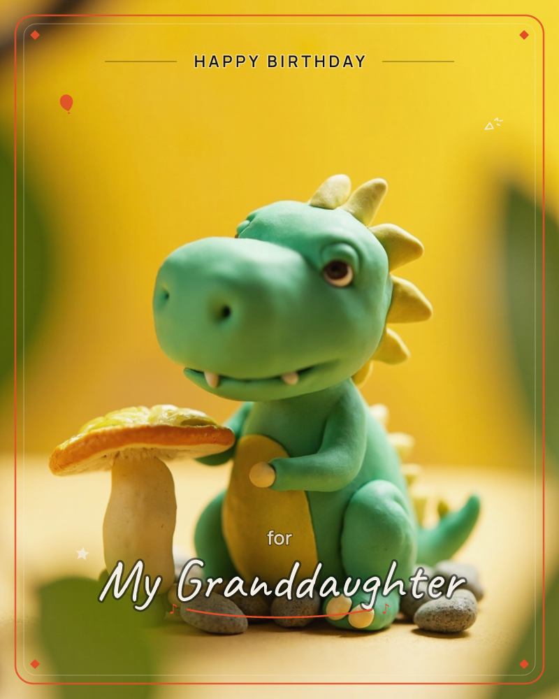 A small clay dinosaur with a rounded green body and yellow spiked back sits among smooth pebbles beside a glossy orange-capped mushroom, a birthday e-card design