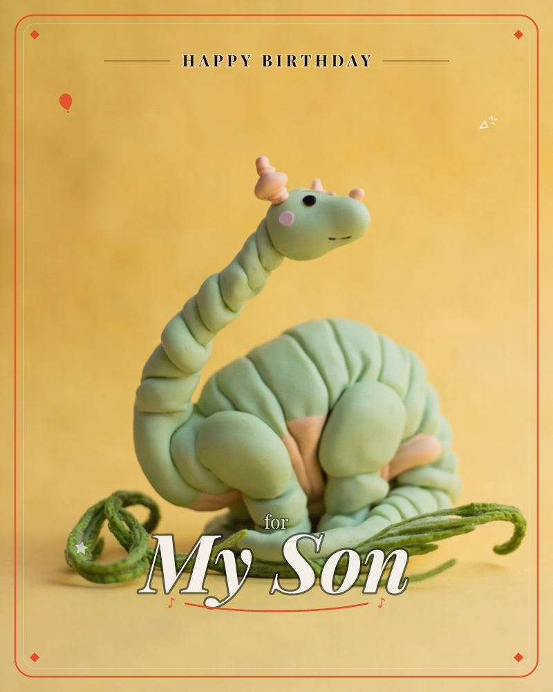 A sculpted clay dinosaur with a long ribbed neck and rounded body sits against a warm mustard-yellow background, its curling tail looped playfully…, a birthday e-card design