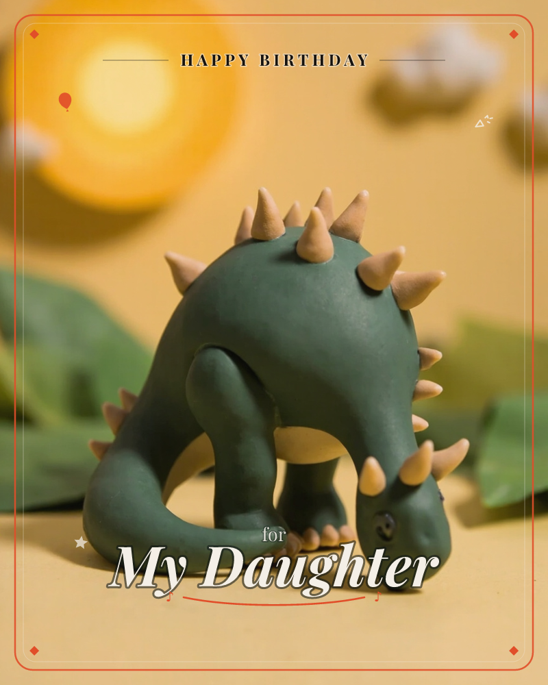 A pudgy clay dinosaur with a spiny back and blunt tan horns bows its head toward the ground, set against a warm yellow backdrop with a glowing sun and…, a birthday e-card design