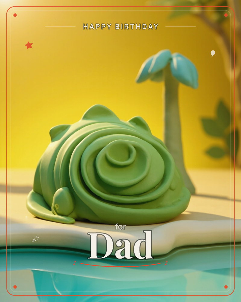 A stylised green creature, coiled up like a soft-serve swirl with little spiky bumps on its back, curls asleep on a pale rock beside still turquoise water, a birthday e-card design
