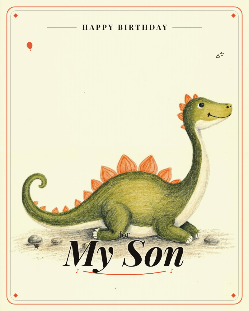 A friendly green dinosaur with a curled tail and rows of orange spikes down its back stands smiling on a scattering of pebbles, a birthday e-card design