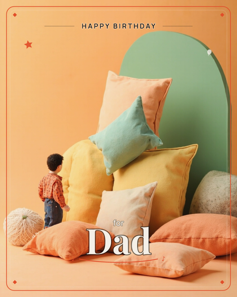 A small figure of a child in a red patterned shirt and jeans stands facing a towering, playful stack of oversized pillows in peach, mustard, mint and…, a birthday e-card design