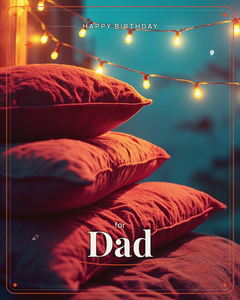 A stack of plush red-orange cushions is piled outdoors at dusk, glowing warm against a deep teal twilight sky, a birthday e-card design