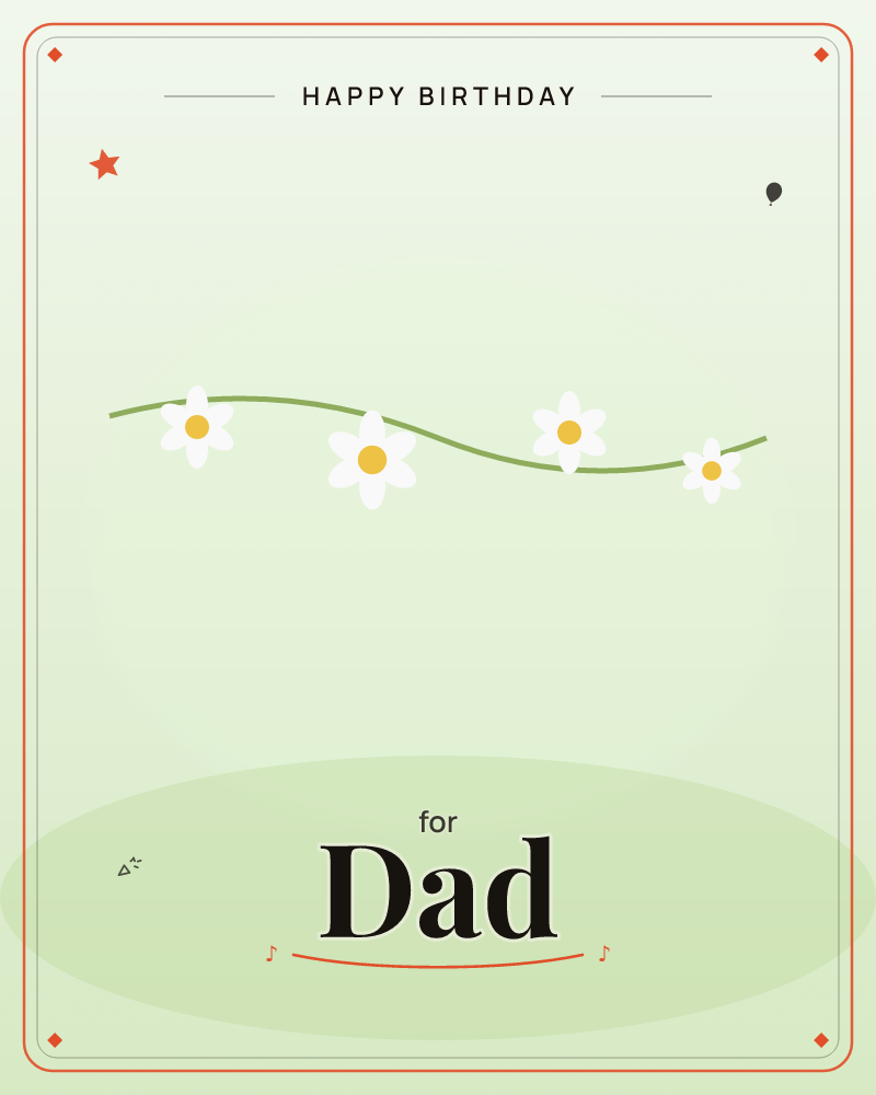 A single wavy green vine stretches across a soft mint-green background, dotted with four simple white daisies with golden centres, each a slightly…, a birthday e-card design by @DittyCityTeam