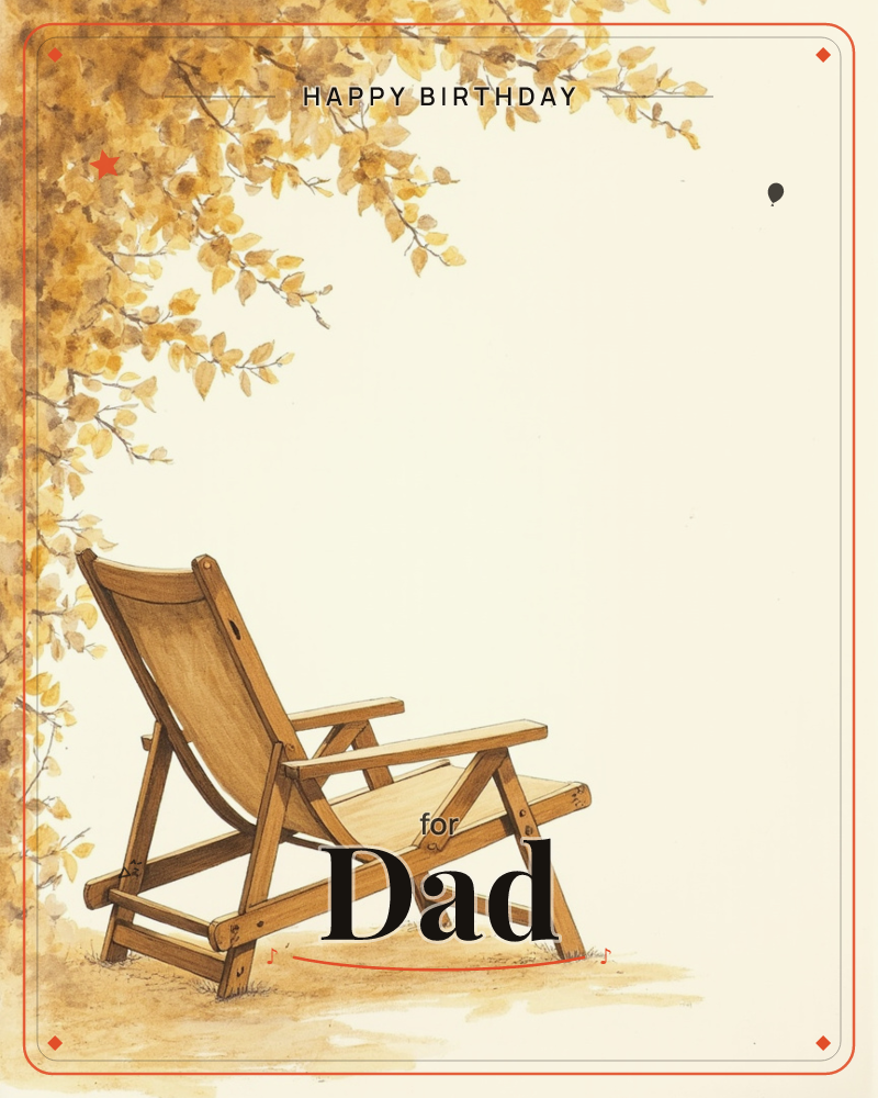 An empty wooden deck chair sits on a patch of bare ground beneath a canopy of golden autumn leaves, a birthday e-card design